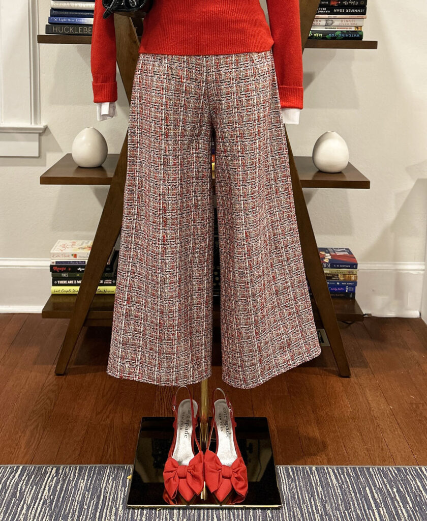 Handmade Red Tweed pants styled for winter with seasonal accessories