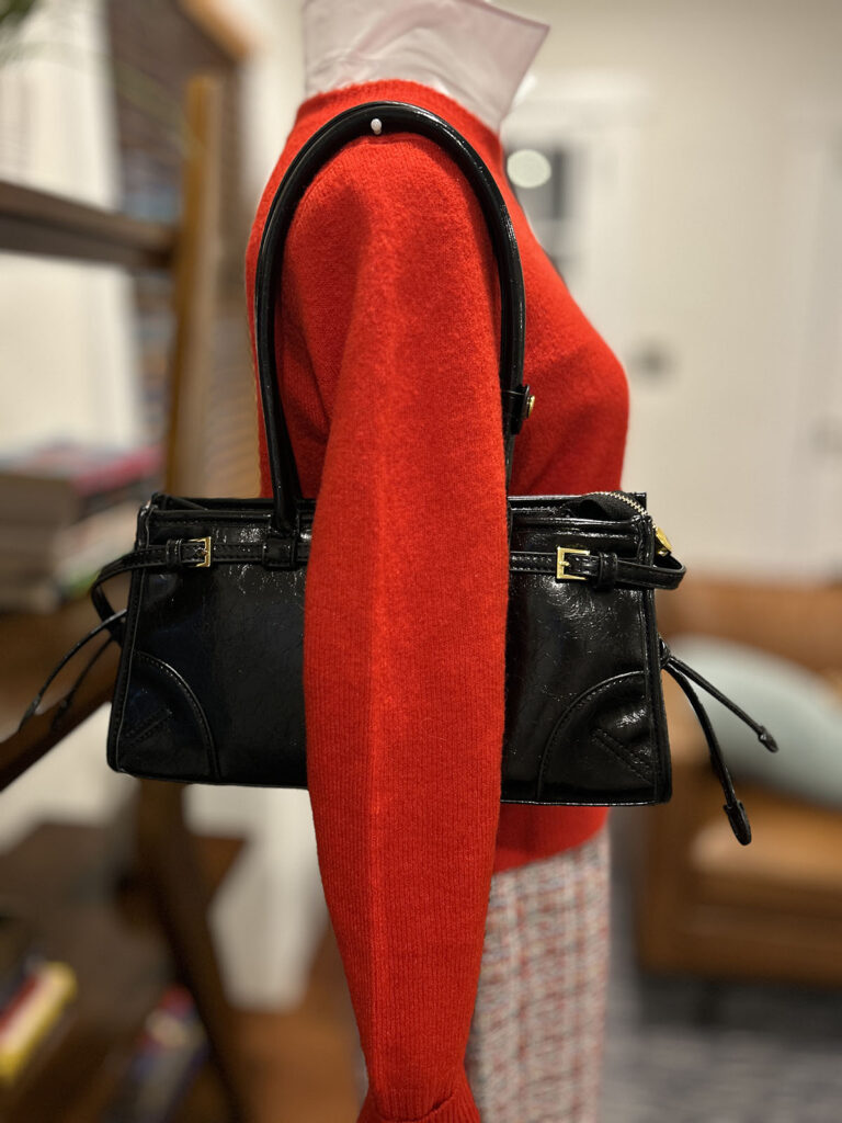 Handmade Red Tweed pants styled for winter with seasonal accessories
