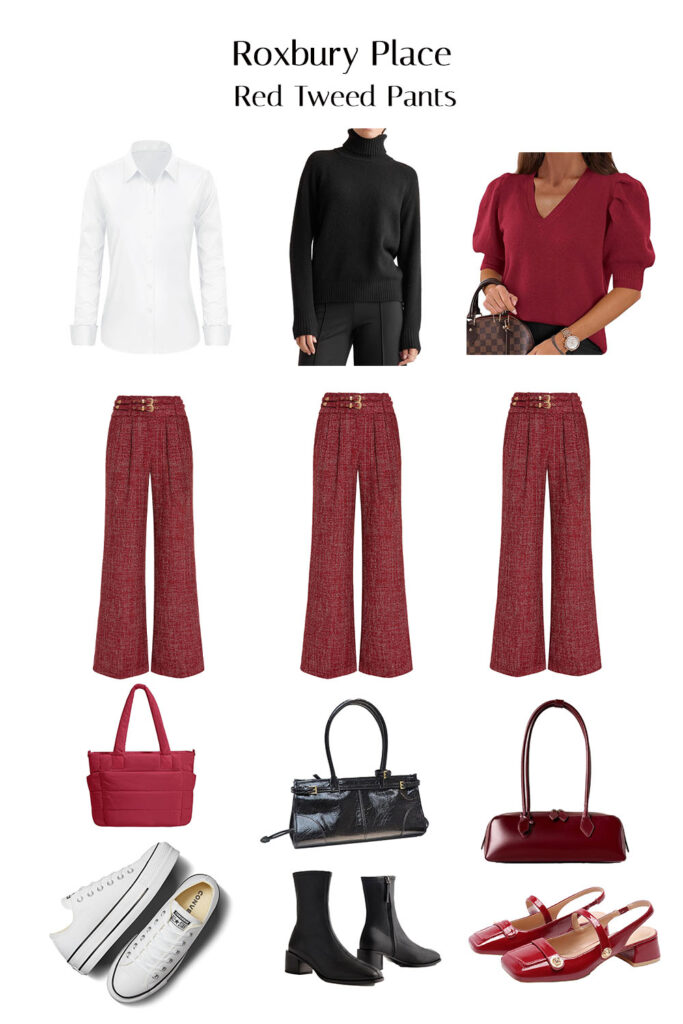 Shopable pins similar to my Handmade Red Tweed pants styled for winter with seasonal accessories