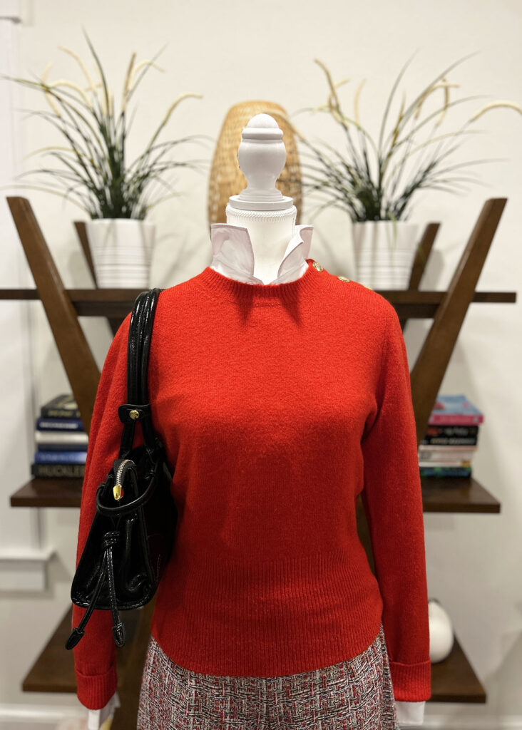 Handmade Red Tweed pants styled for winter with seasonal accessories