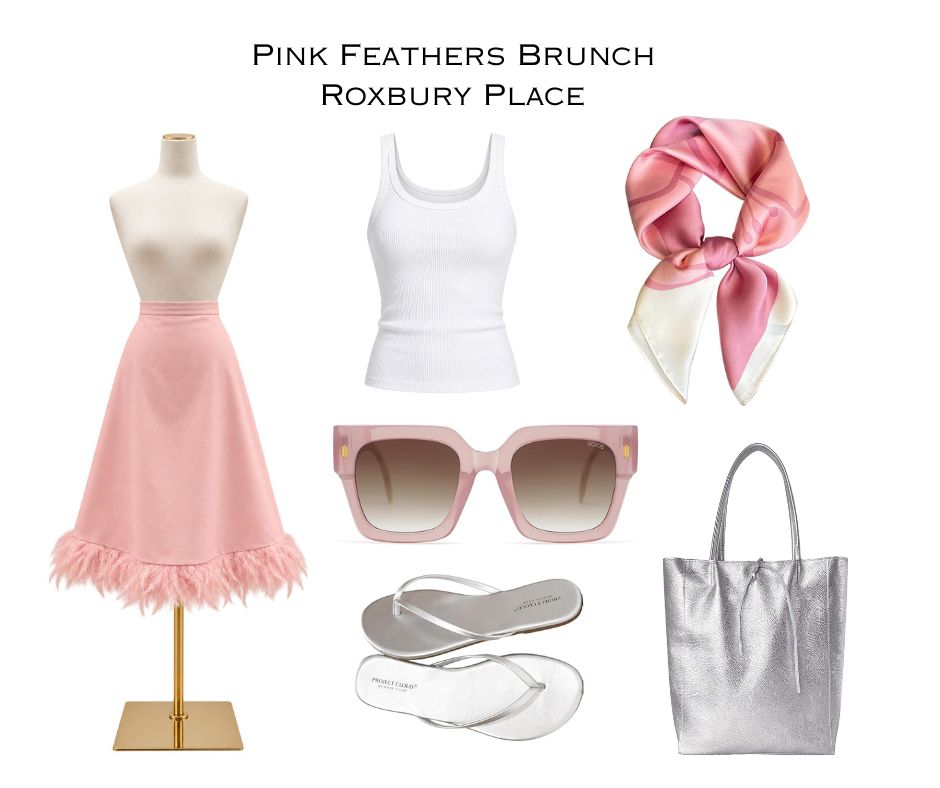 staying a pink feather trim dress for brunch